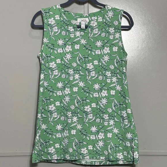 Denim & Company D & Co Floral Perfect Jersey Split V-Neck Tunic Tank Soft Jade S - Picture 1 of 12